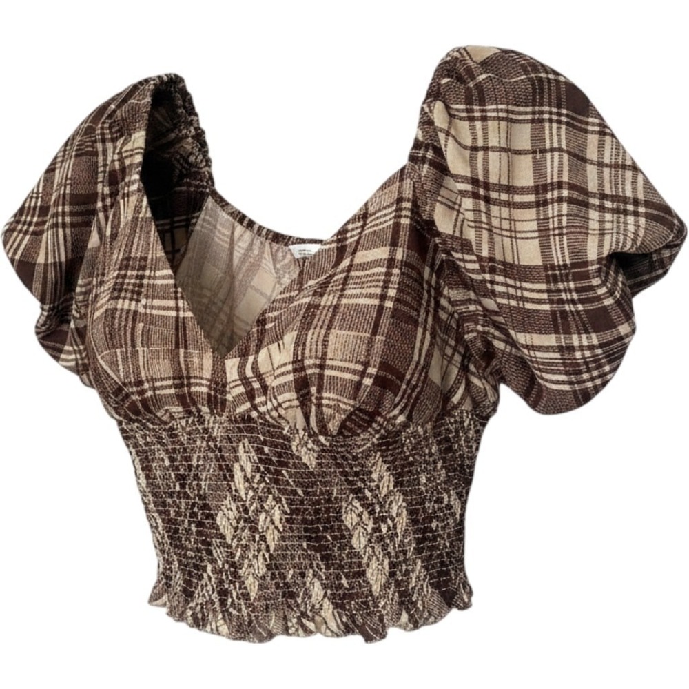 Truth Brown Plaid Crop Top Size 3X Puff Sleeves Off the Shoulder Smocked Cottage